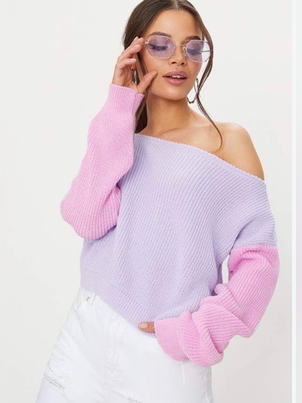 PrettyLittleThing Lavender & Pink Off-Shoulder Colorblock Sweater